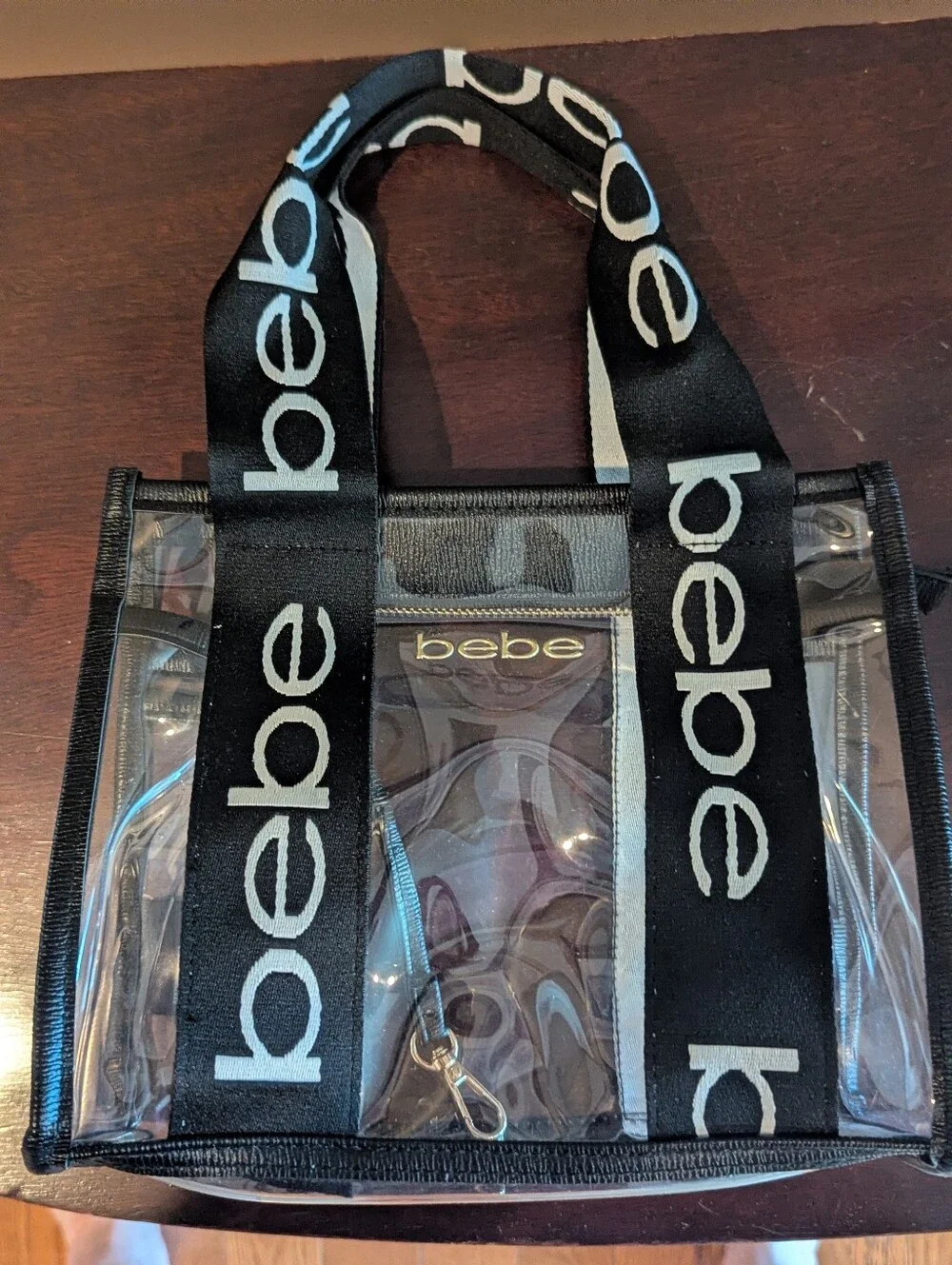 bebe Clear PVC Logo Tote & Cosmetic Pouch Set Black White Gold